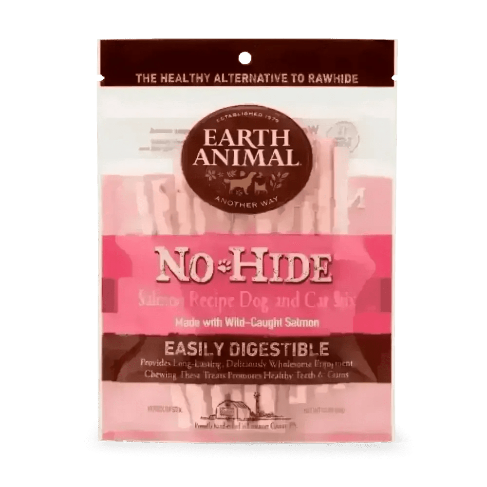 Earth Animal No-Hide Wholesome Salmon Stix packaging featuring dog and cat treats