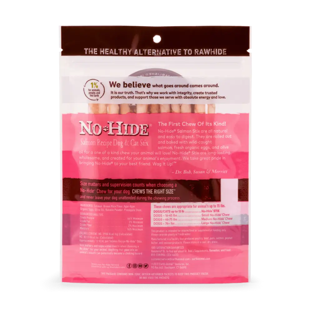 Pink and brown Earth Animal No-Hide Wholesome Salmon Stix treat bag