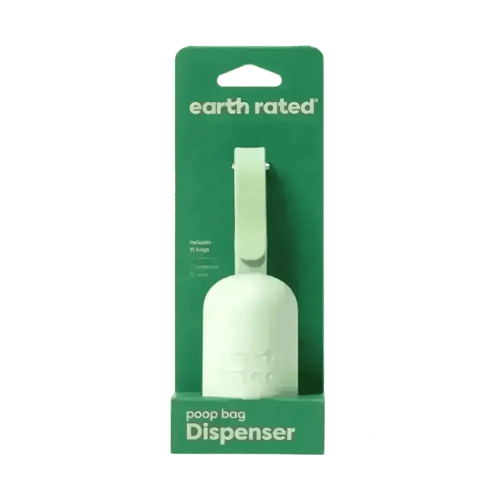 Earth Rated white plastic leash dispenser with green accents and 15 unscented bags