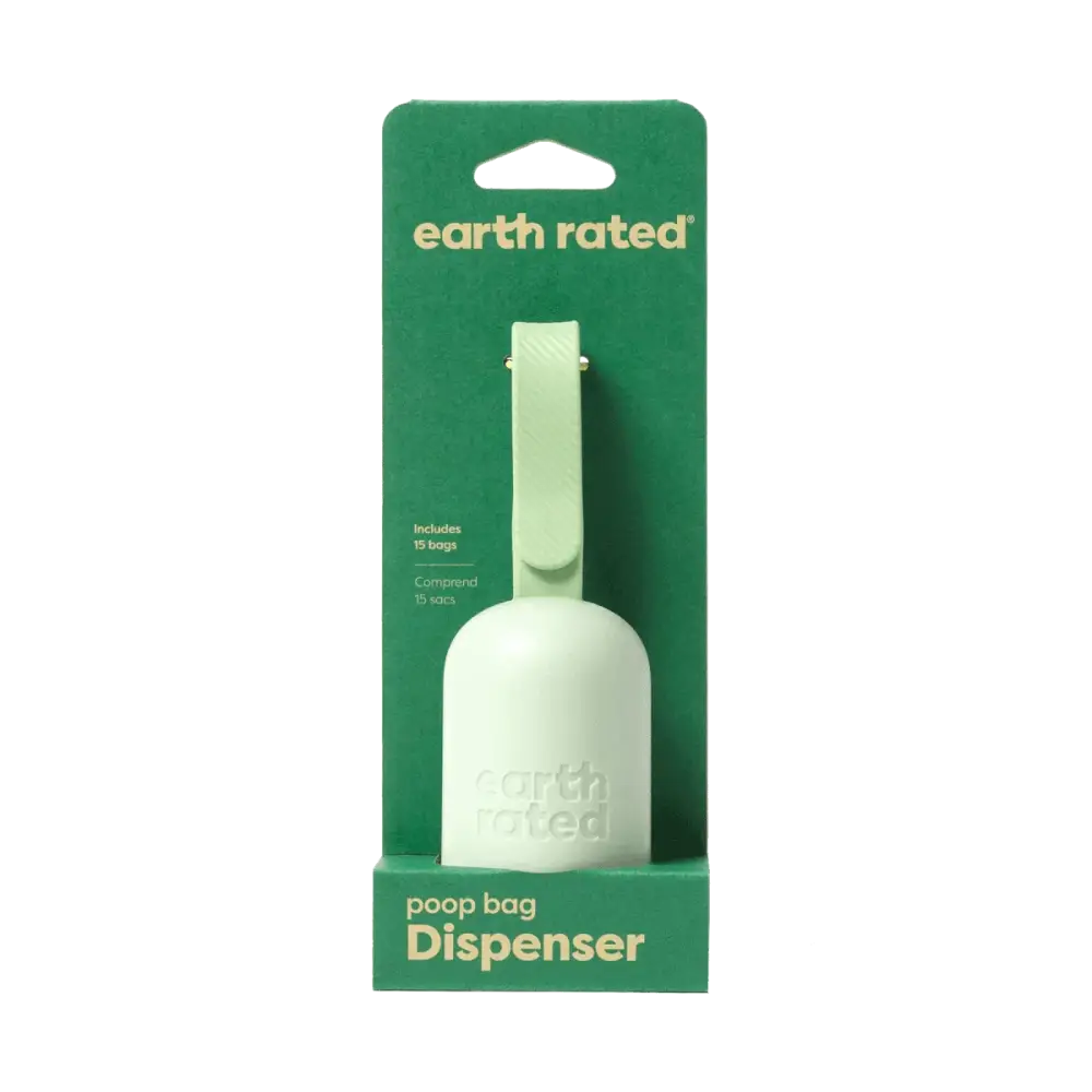 Earth Rated white plastic leash dispenser with green accents and 15 unscented bags