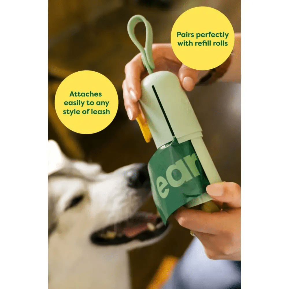 Earth Rated green and white leash dog waste bag dispenser with 15 unscented bags