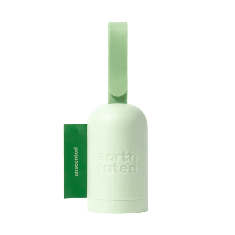 Earth Rated mint green unscented air freshener in sleek leash dispenser with 15 bags