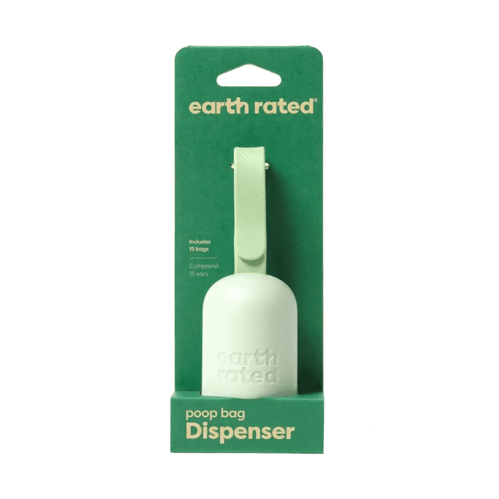 Earth Rated white plastic leash dispenser with green accents and 15 unscented bags
