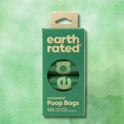 Earth Rated unscented poop bags in green packaging with 120 refill rolls