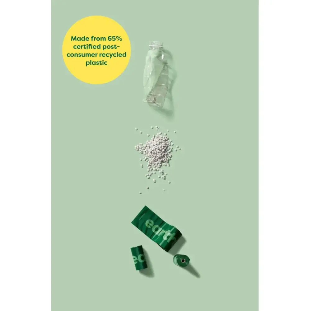 Earth Rated poop bags with 65% recycled plastic bottles on 8 refill rolls