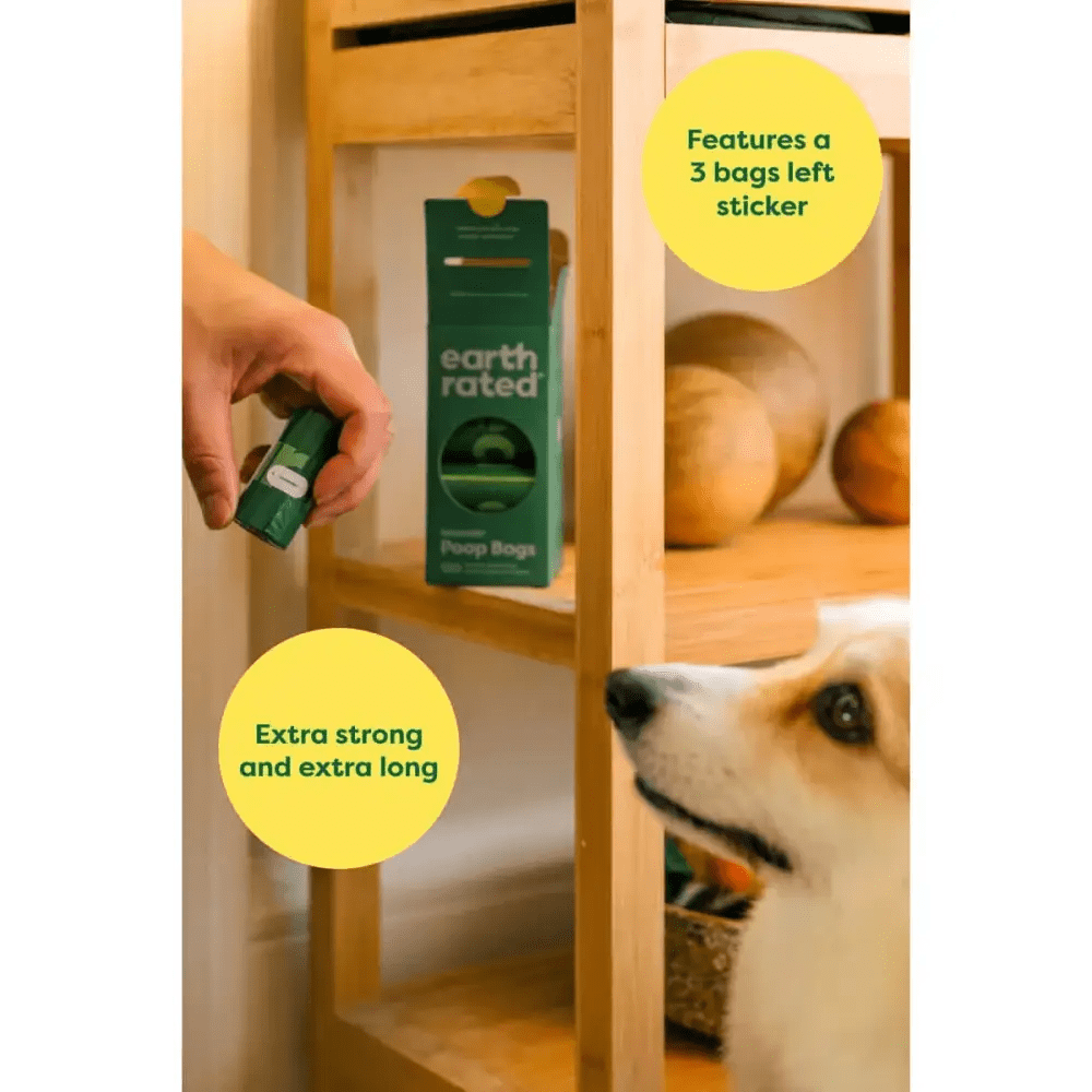Earth Rated unscented poop bags in green packaging, 15 bag roll