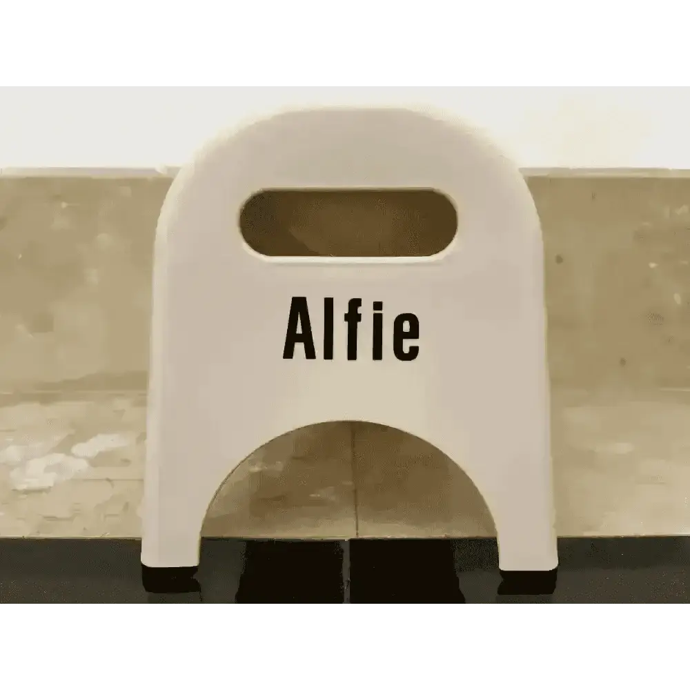 Beige EasyEat 2.0 cream plastic step stool with Alfie nameplate