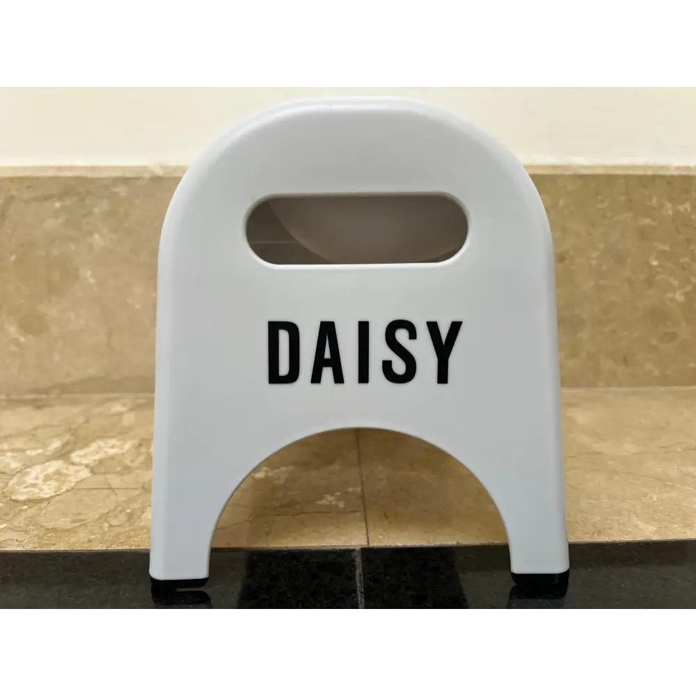 White plastic step stool with black daisy lettering for EasyEat 2.0 Powder Blue