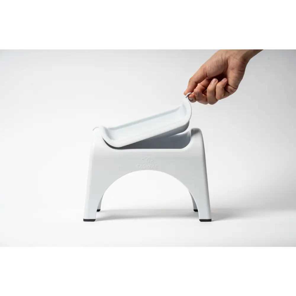 White plastic step stool with hinged seat, EasyEat 2.0 Powder Blue