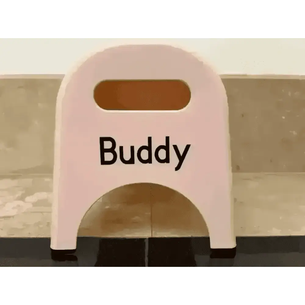 Rose pink EasyEat 2.0 pet stool with black buddy lettering
