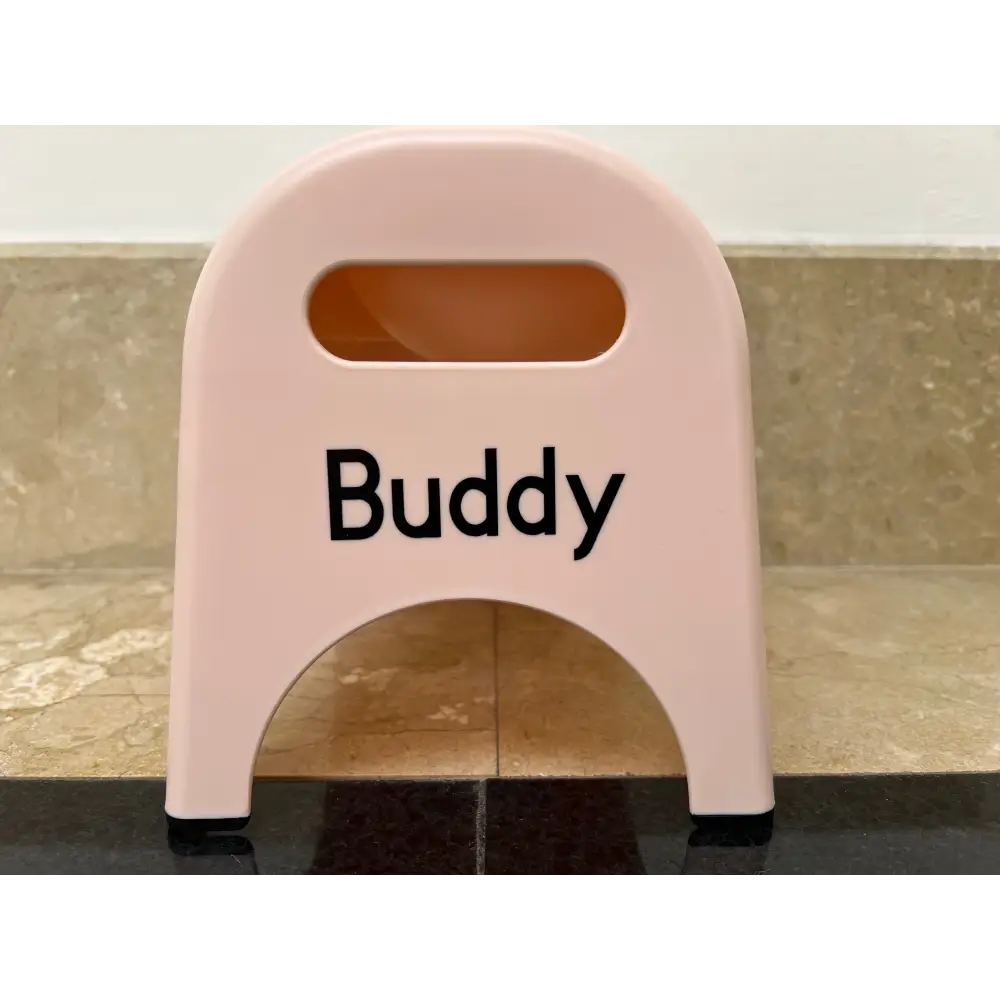 Rose pink EasyEat 2.0 pet stool with black buddy lettering
