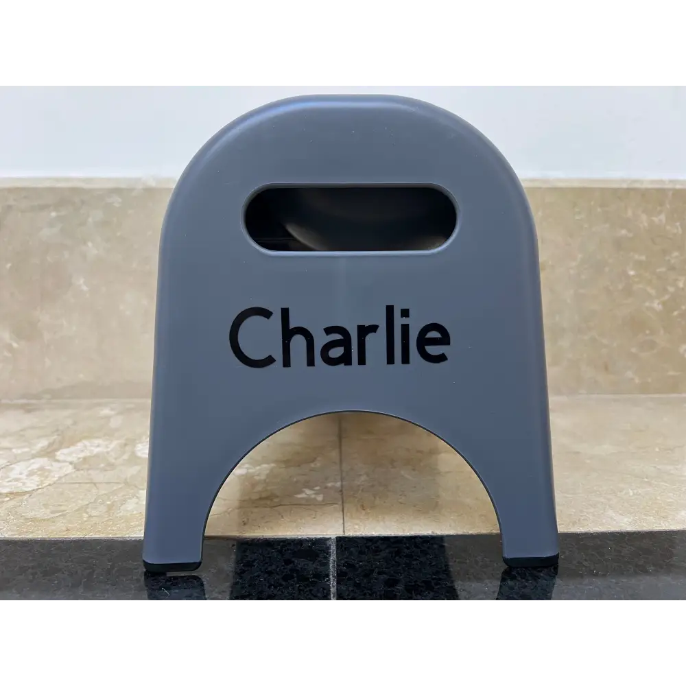 Gray plastic step stool with black Charlie nameplate for EasyEat slow feeder