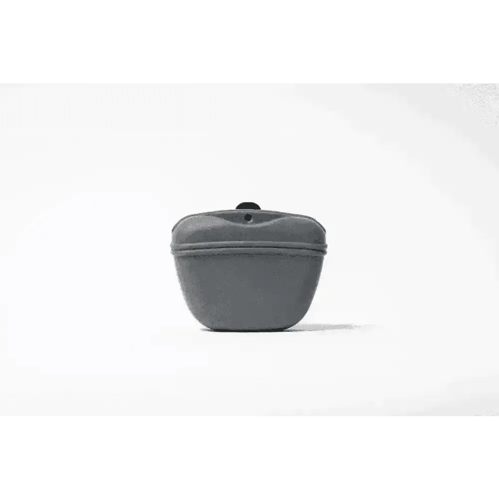 Gray silicone dog treat bag dispenser with black cap and embossed logo