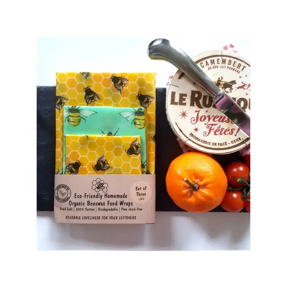 Eco-friendly handmade organic beeswax wraps with honeycomb and honey bee design