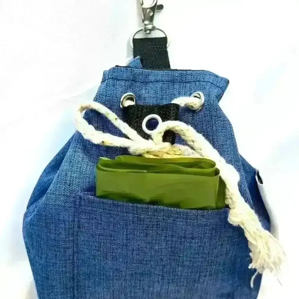 Eco treat bag made with recycled materials, blue denim with green lining