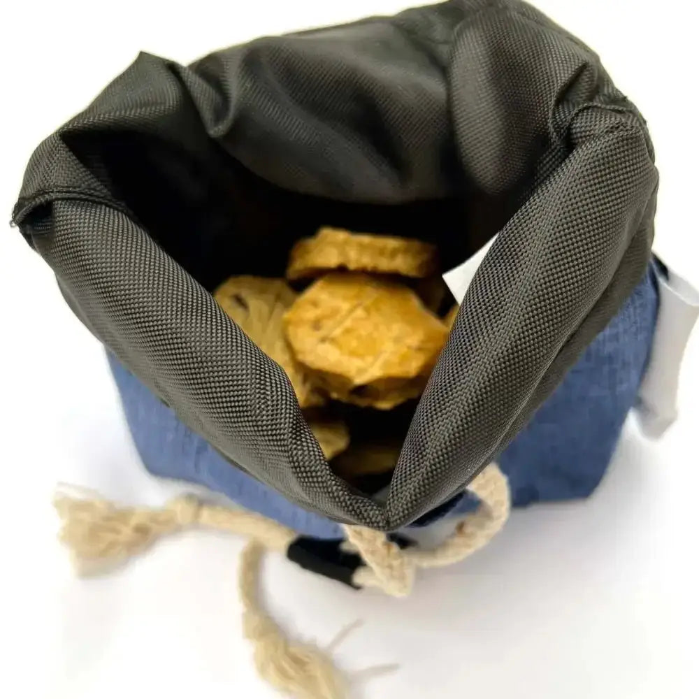 Eco treat bag made with recycled materials, denim drawstring pouch with cookies