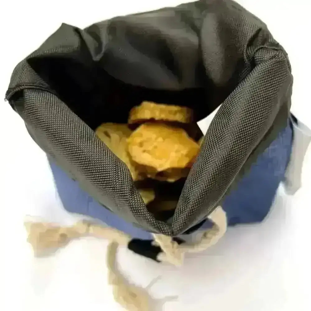 Eco treat bag made with recycled materials, denim drawstring pouch with cookies