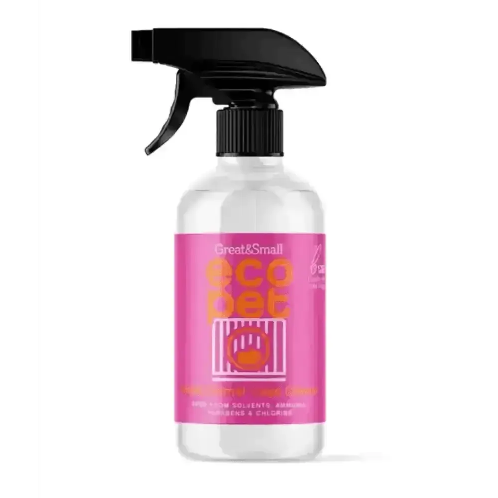 Ecopet small animal cage cleaner spray bottle with black nozzle and pink label