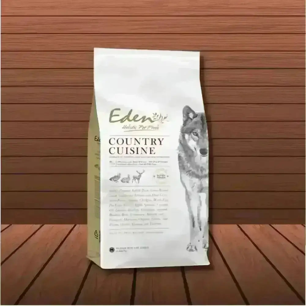 Eden 80/20 Country Cuisine Game With Lamb dog food bag with wolf illustration