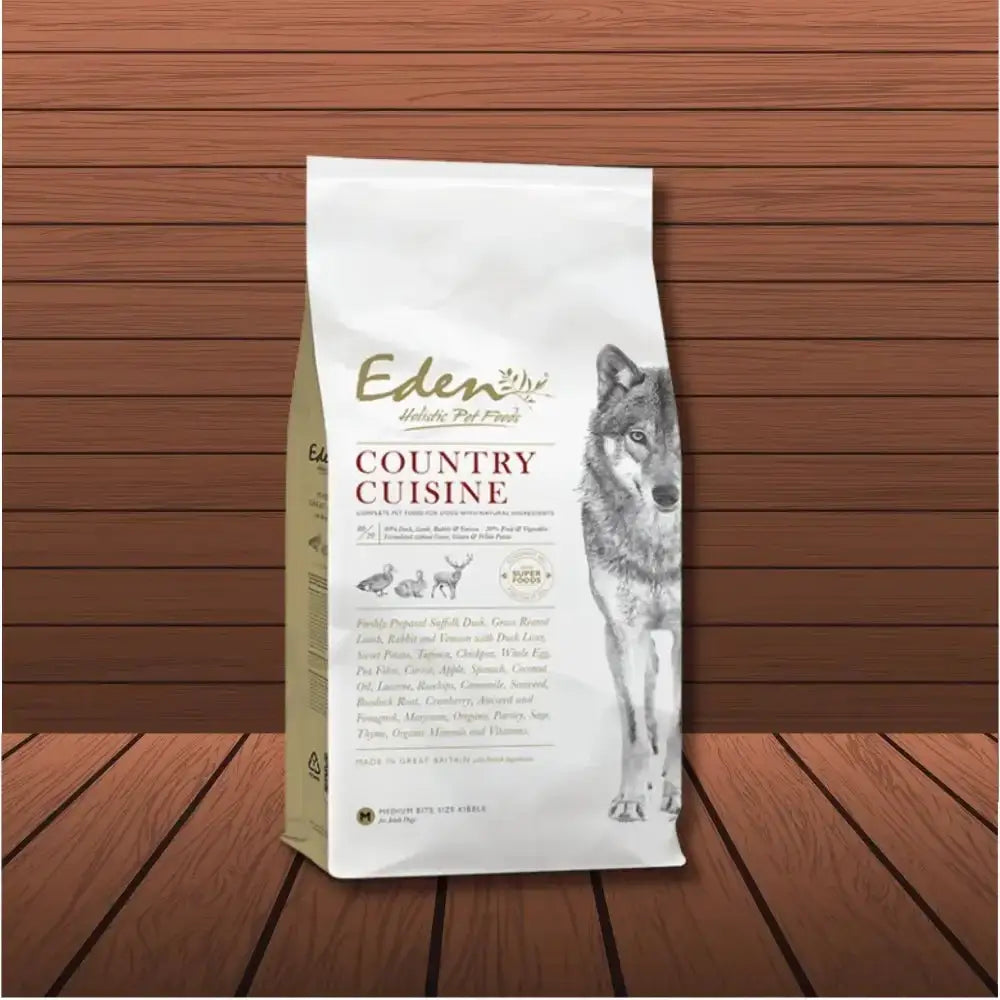 Eden 80/20 Country Cuisine Game With Lamb dog food bag with wolf illustration