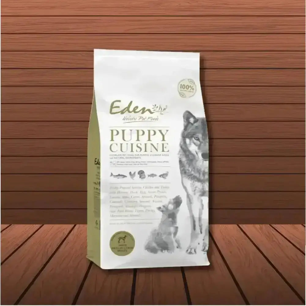 Eden 80/20 Puppy Cuisine bag with succulent Scottish salmon, flavorful herring, tempting turkey