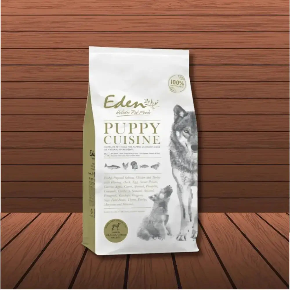 Eden 80/20 Puppy Cuisine bag with succulent Scottish salmon, flavorful herring, tempting turkey