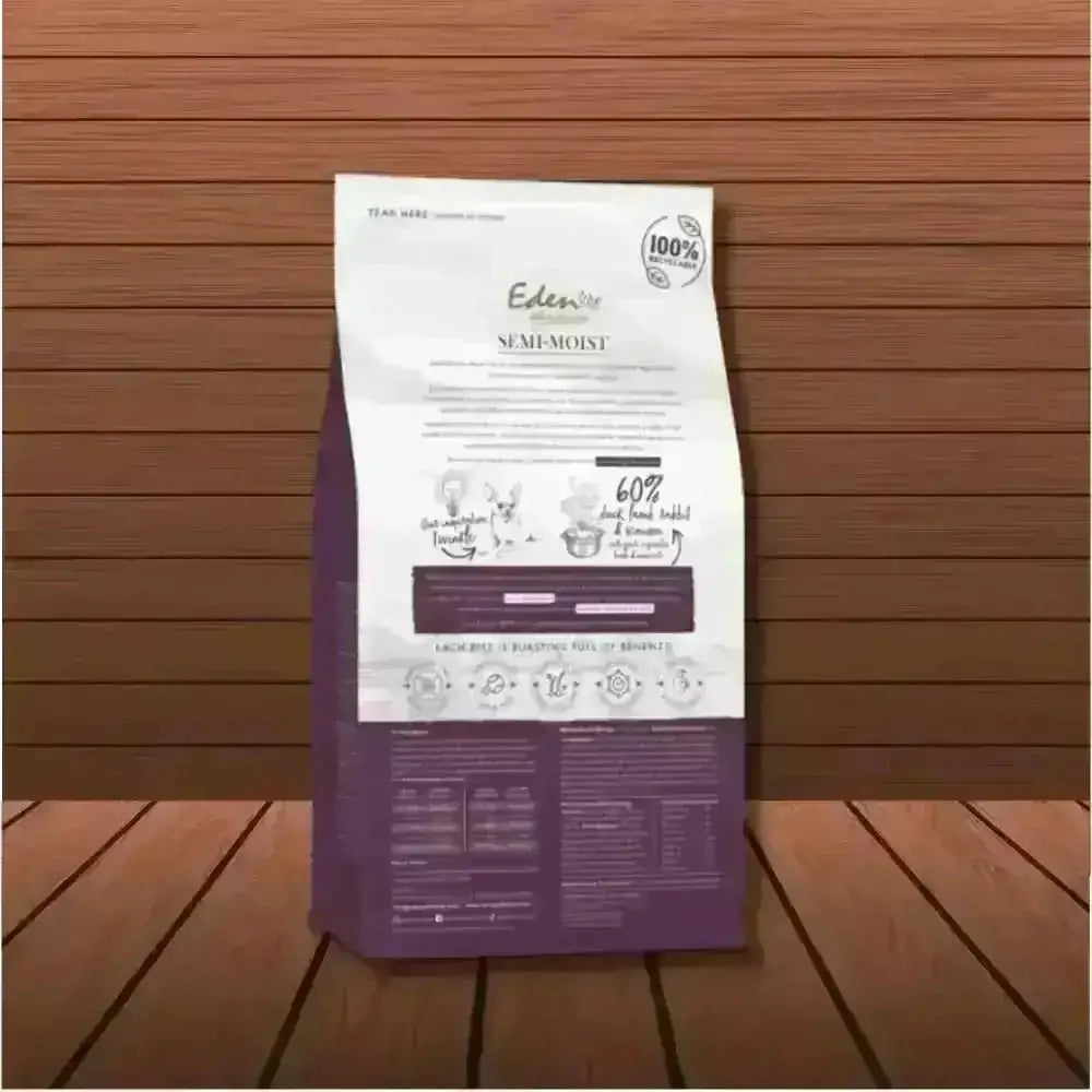 Eden Semi-Moist Country Feast dog food bag highlighting amino acids for hydration and nutrition