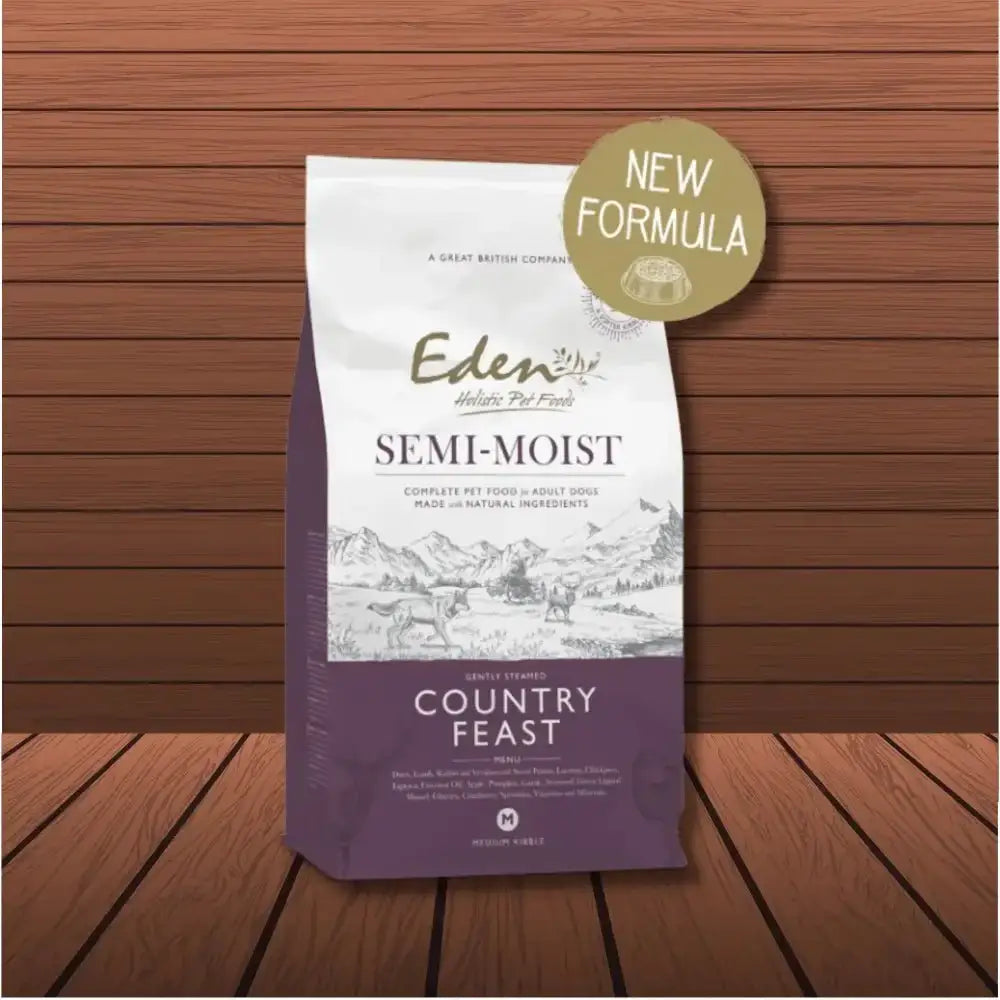 Eden Semi-Moist Country Feast dog food bag highlighting amino acids that hydrate and nourish