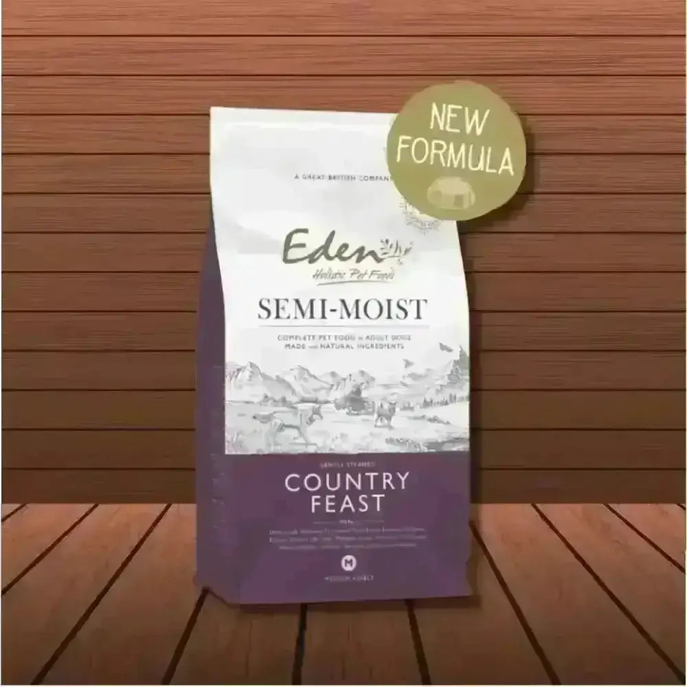 Eden Semi-Moist Country Feast dog food bag highlighting amino acids that hydrate and nourish