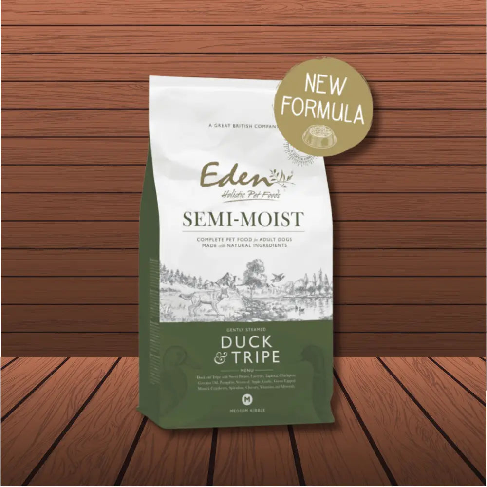 Eden Semi-Moist Duck and Tripe dog food bag with amino acids hydrate for optimal health