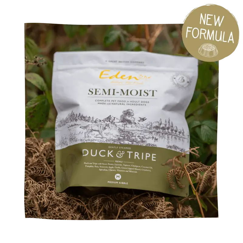 Eden Semi-Moist Duck and Tripe dog food bag with amino acids hydrate for health