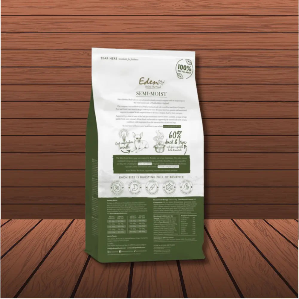 Edenry semi-moist dog food bag featuring Eden Semi-Moist Duck and Tripe with amino acids hydrate