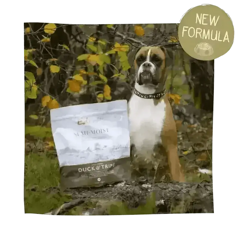 Eden Semi-Moist Duck and Tripe dog food bag with green label and amino acids hydrate text
