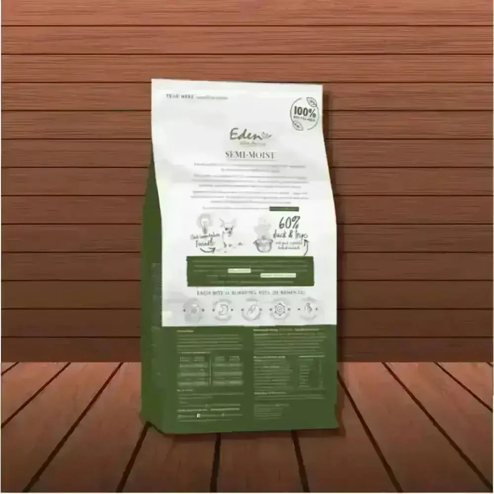 Edenry semi-moist dog food bag featuring Eden Semi-Moist Duck and Tripe with amino acids hydrate