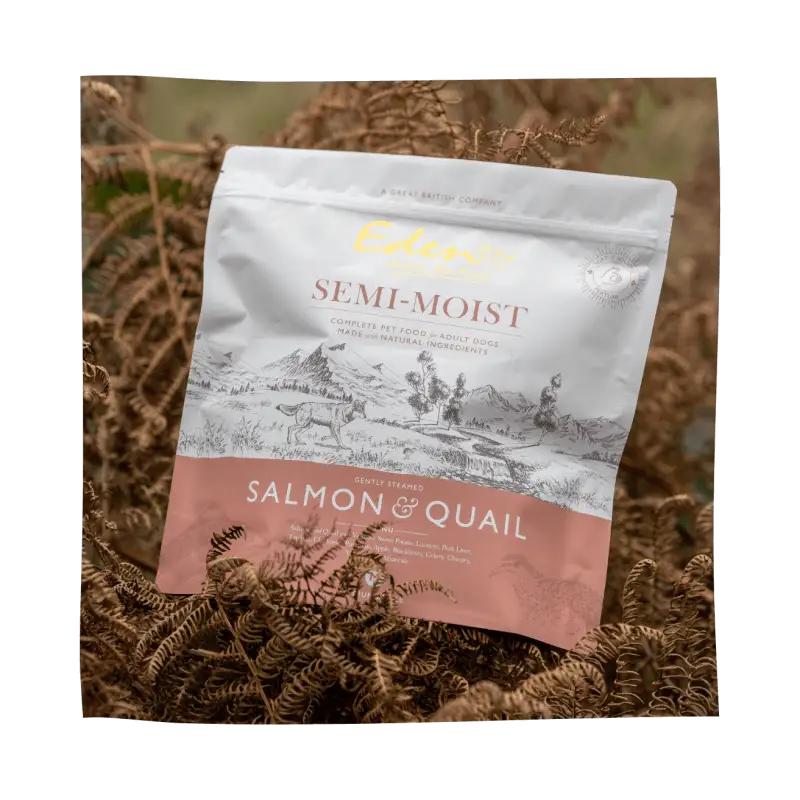 Eden Semi-Moist Salmon and Quail dog food bag with amino acids hydrate formula