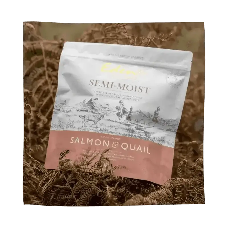 Eden Semi-Moist Salmon and Quail dog food bag with amino acids hydrate formula