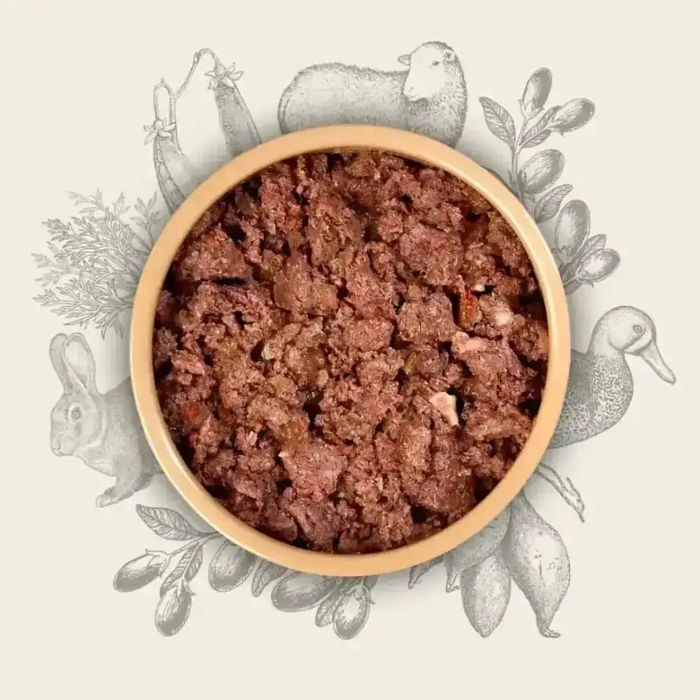 Eden wet food: brown bowl of ground grass-reared lamb with herbs and spices