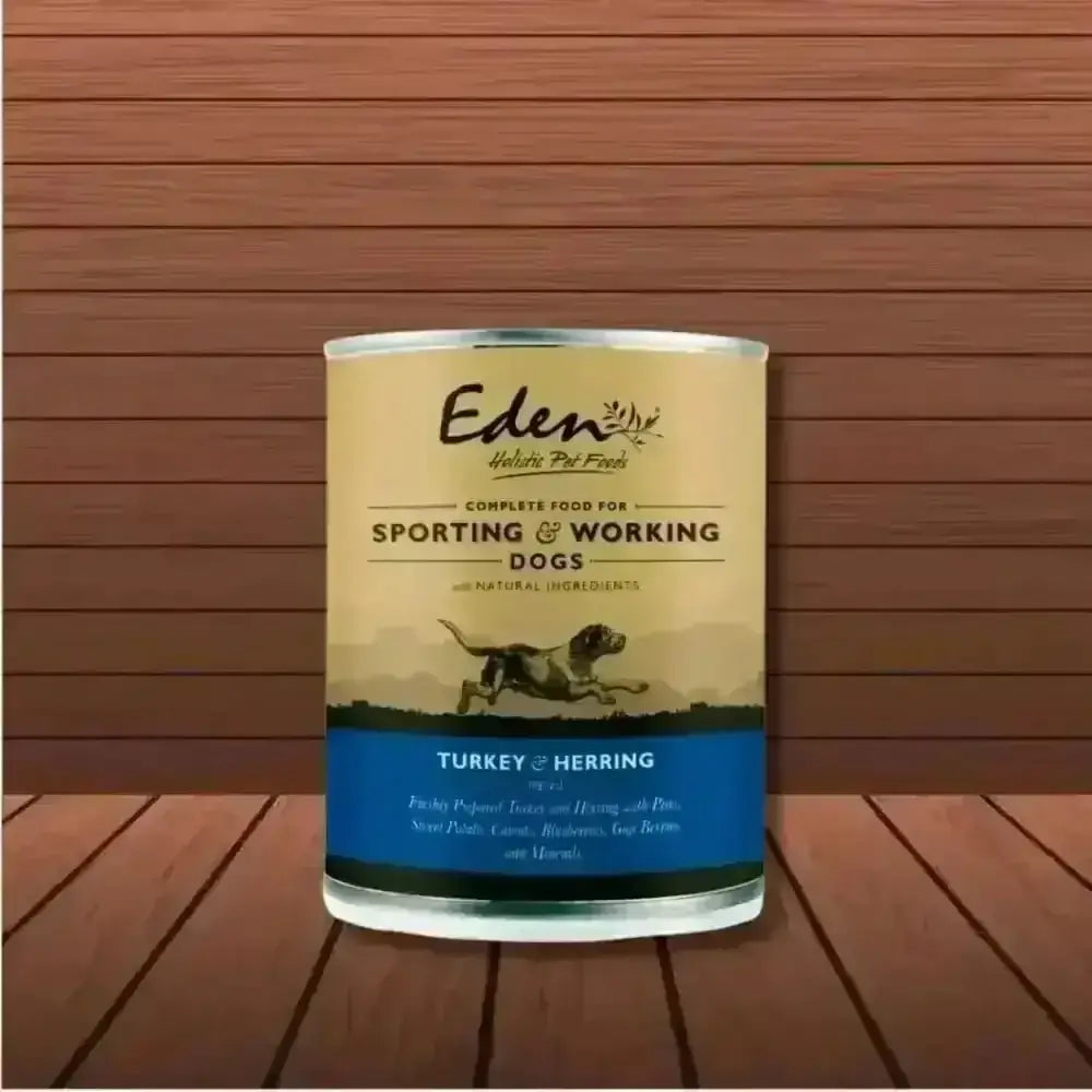 Eden wet food can with freshly prepared turkey and herring for dogs