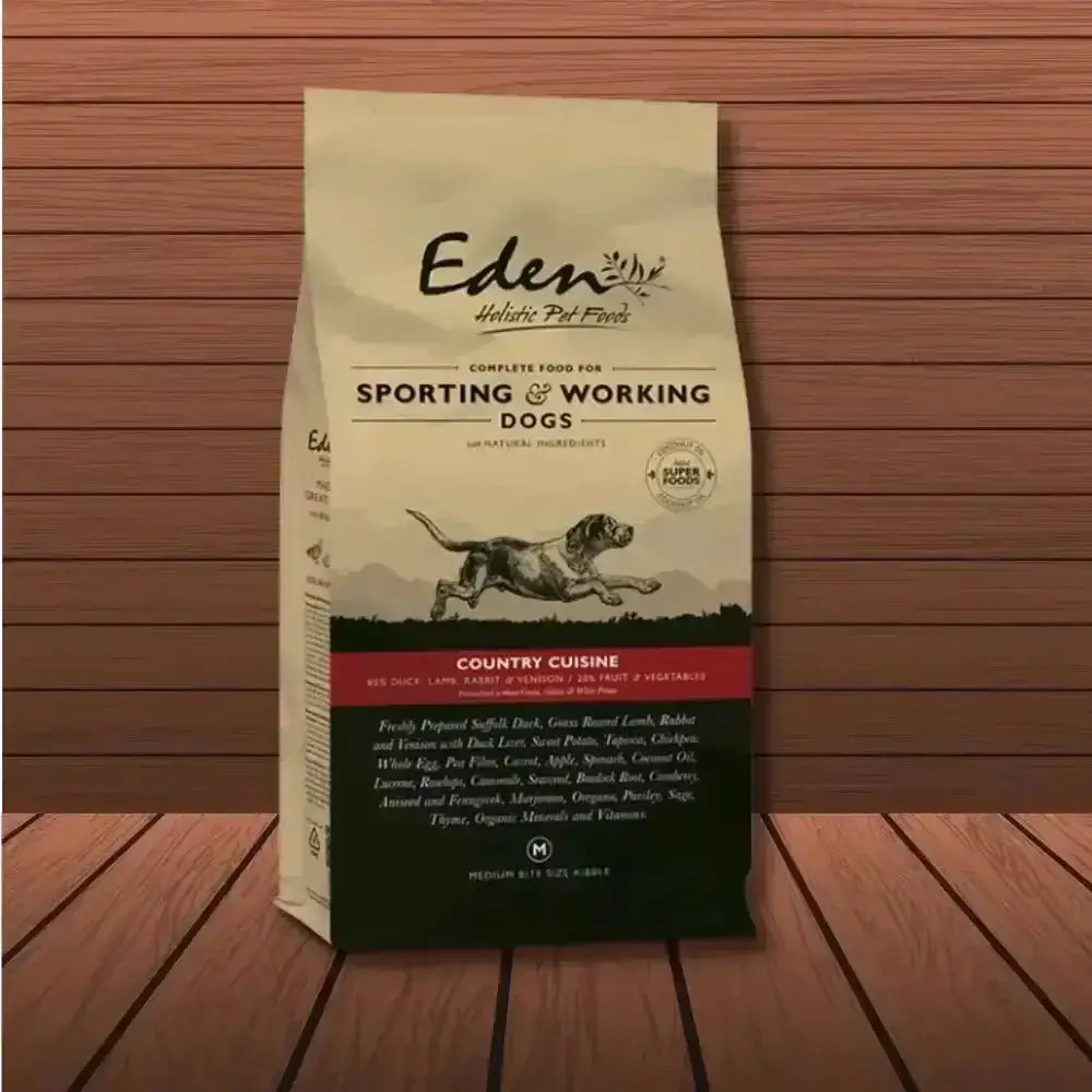 Eden Working Dog Country Cuisine 15kg bag featuring freshly prepared dog food with amino acids