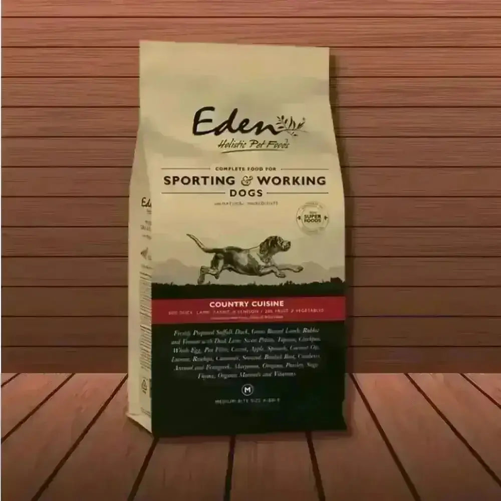 Eden Working Dog Country Cuisine 15kg bag featuring freshly prepared dog food with amino acids