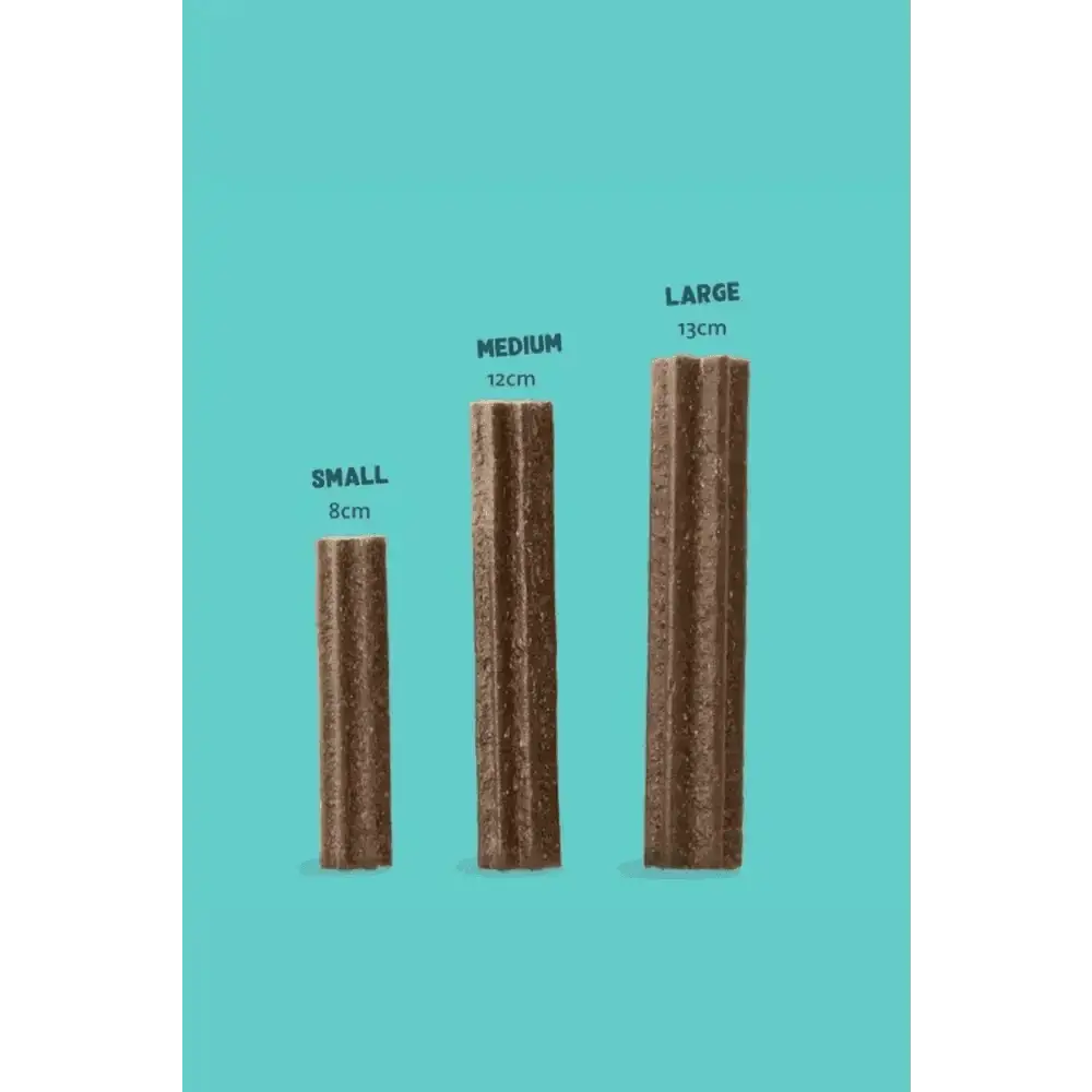 Edgard & Cooper grain free recipe dog dental sticks in small, medium, large brown textured sizes with apple and eucalyptus