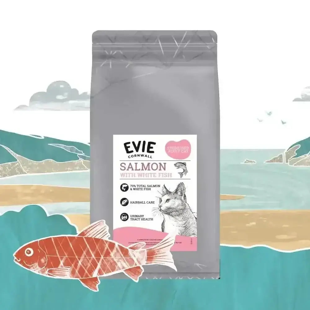 Salmon cat food bag with silver zipper and pink accents for Evie Natural Dry Cat Food with Whitefish and healthy weight