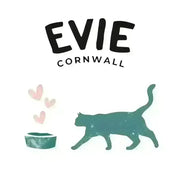Teal cat silhouette with pink hearts and water bowl for Evie Natural Dry cat food