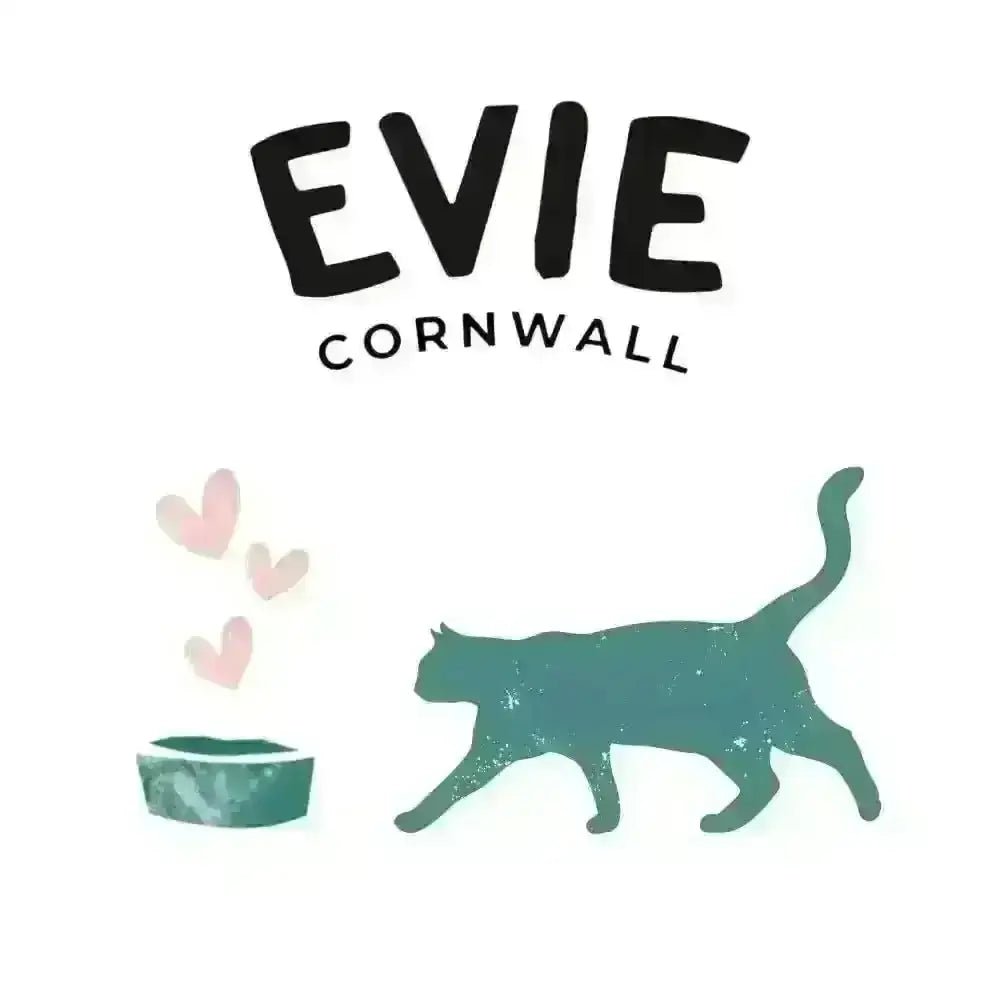 Teal cat silhouette with pink hearts and water bowl for Evie Natural Dry cat food