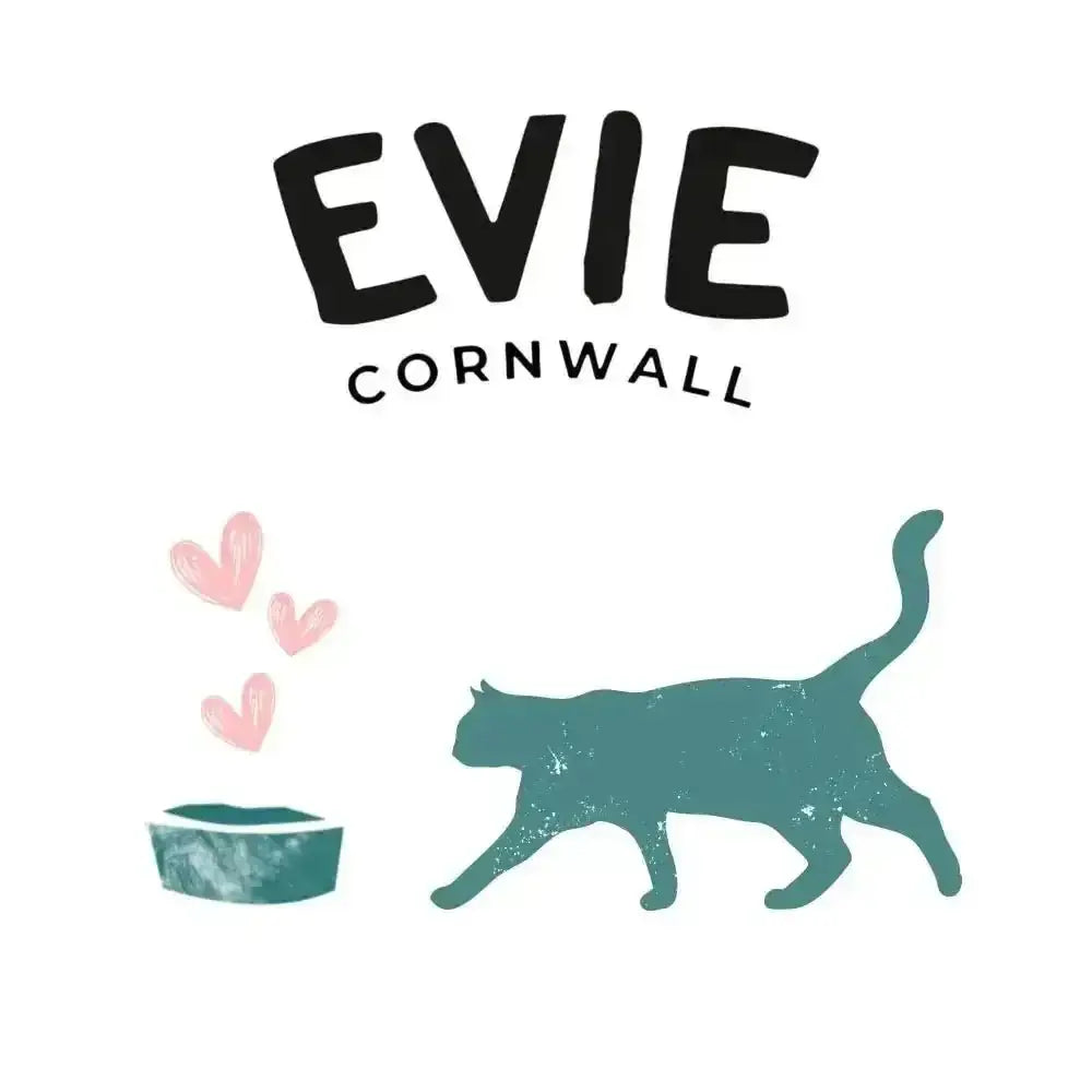 Teal cat silhouette with pink hearts and water bowl for Evie Natural Dry cat food