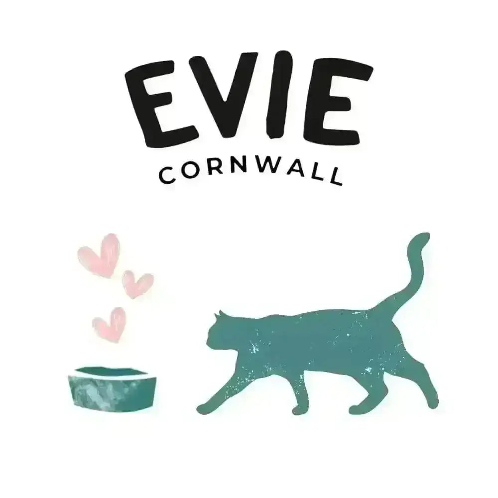 Teal cat silhouette with pink hearts and water bowl for Evie Natural Dry cat food