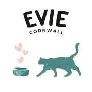 Teal cat silhouette with pink hearts and water bowl for Evie Natural Dry cat food