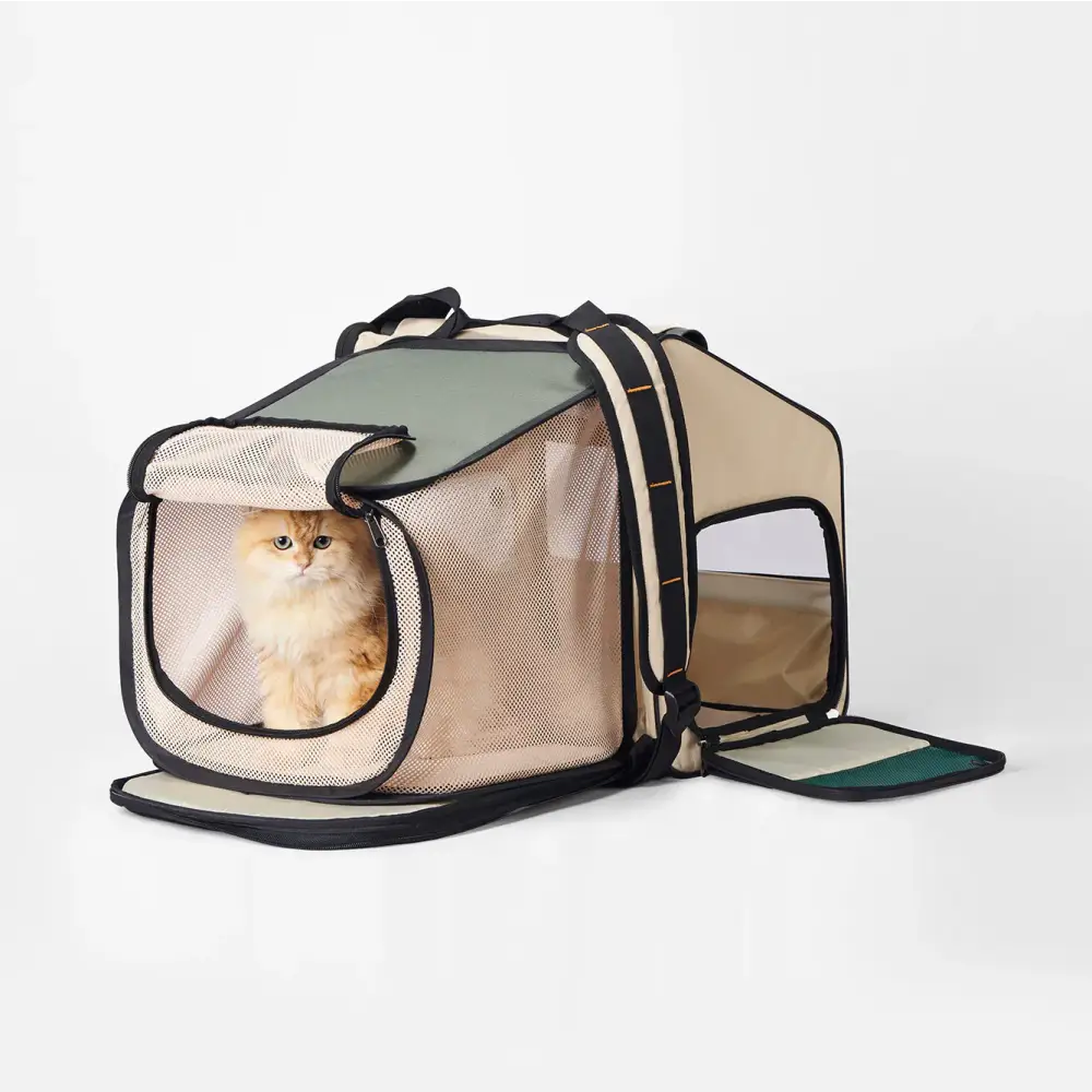 Beige mesh pet carrier with black trim and clear front panel for travel habitat use