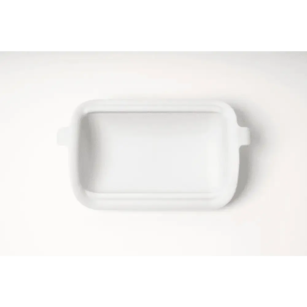 White rectangular ceramic baking dish in powder blue