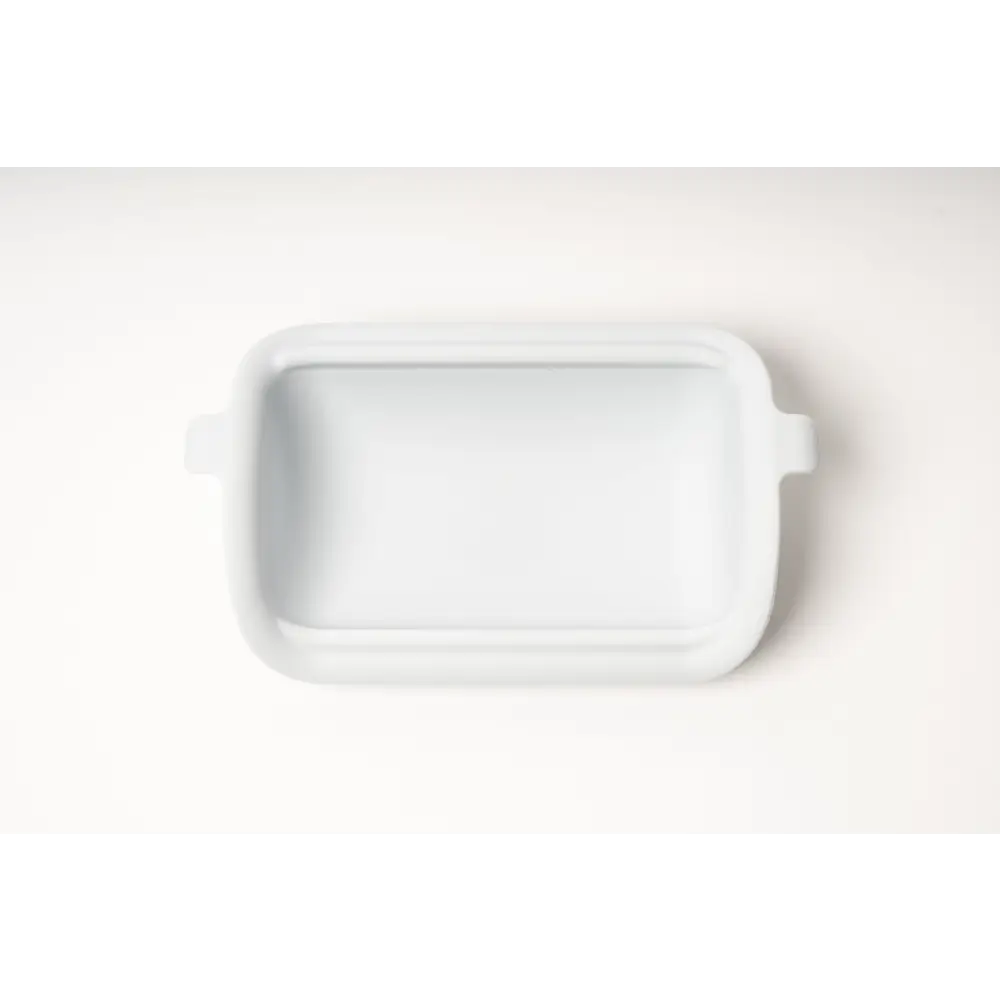 White rectangular ceramic baking dish in powder blue